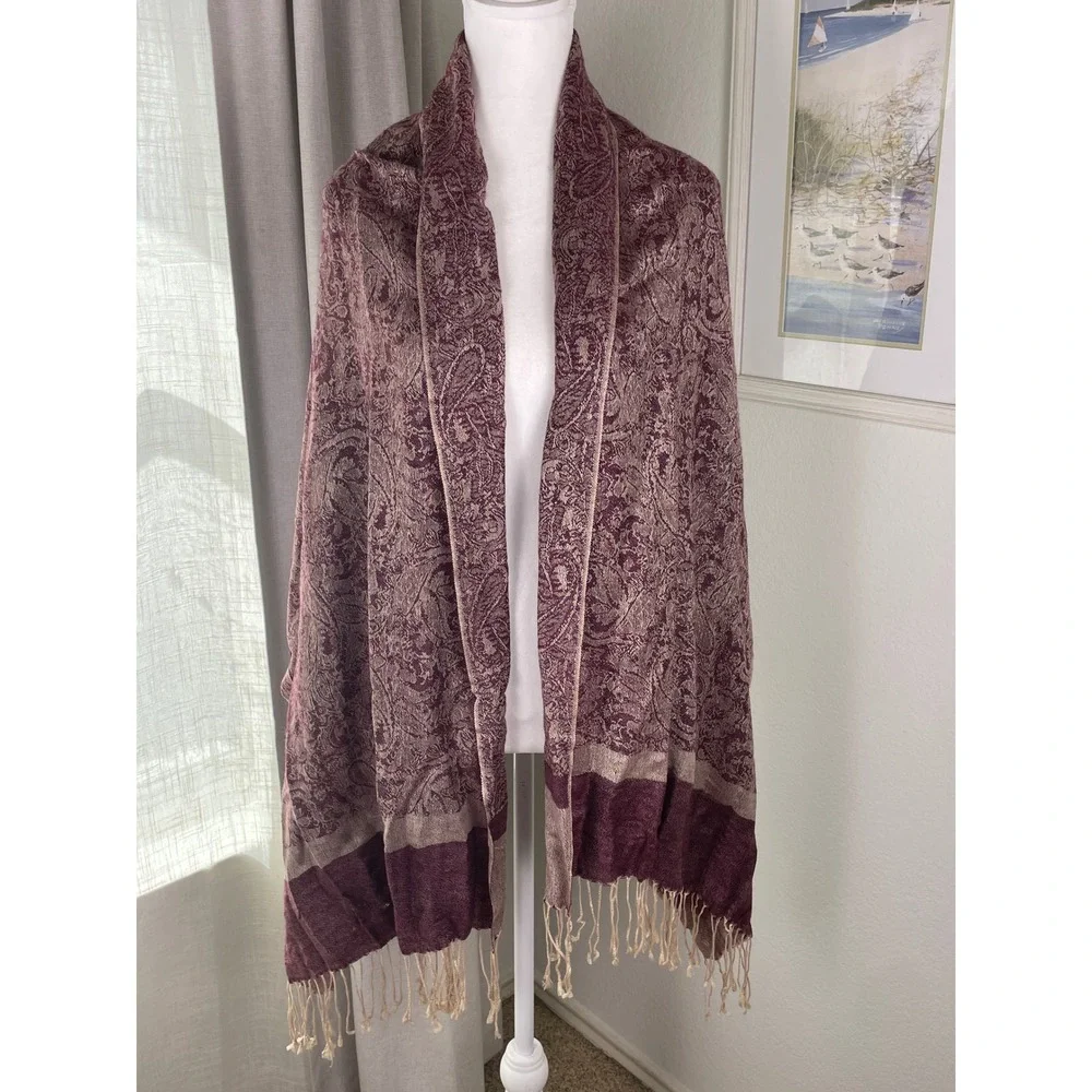 D&G Pashmina Scarf Women OS Burgundy Very Good Cashmere Silk Paisley Fringe Wrap